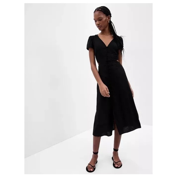 GAP Linen Blend Cutout Midi Dress With Pockets Black Size 8 Tall NEW - Picture 11 of 12